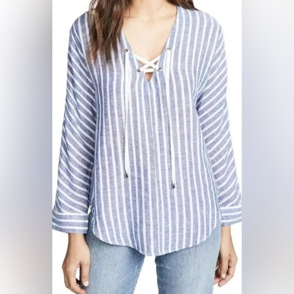Rails Lily Striped Lace-Up Linen Blend Shirt – Size M | Light Blue & White